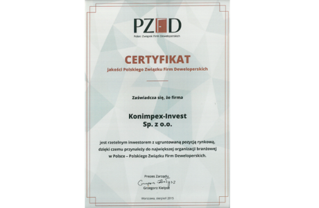  Otrzymujemy Certyfikat Jakości Polskiego Związku Firm Deweloperskich 