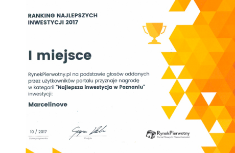 “Marcelinove” na pierwszym miejscu w rankingu portalu rynekpierwotny.pl  dotyczącym najlepszych inwestycji w Poznaniu,